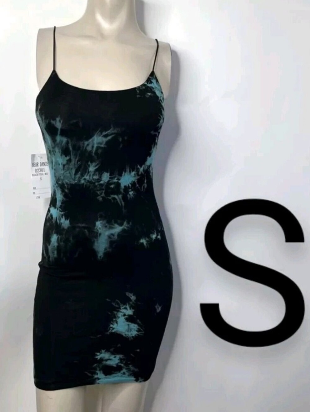 🆕Black/Teal Tie Dye Soft Stretchy Rayon Cami Bodycon Mini Dress~ Size S